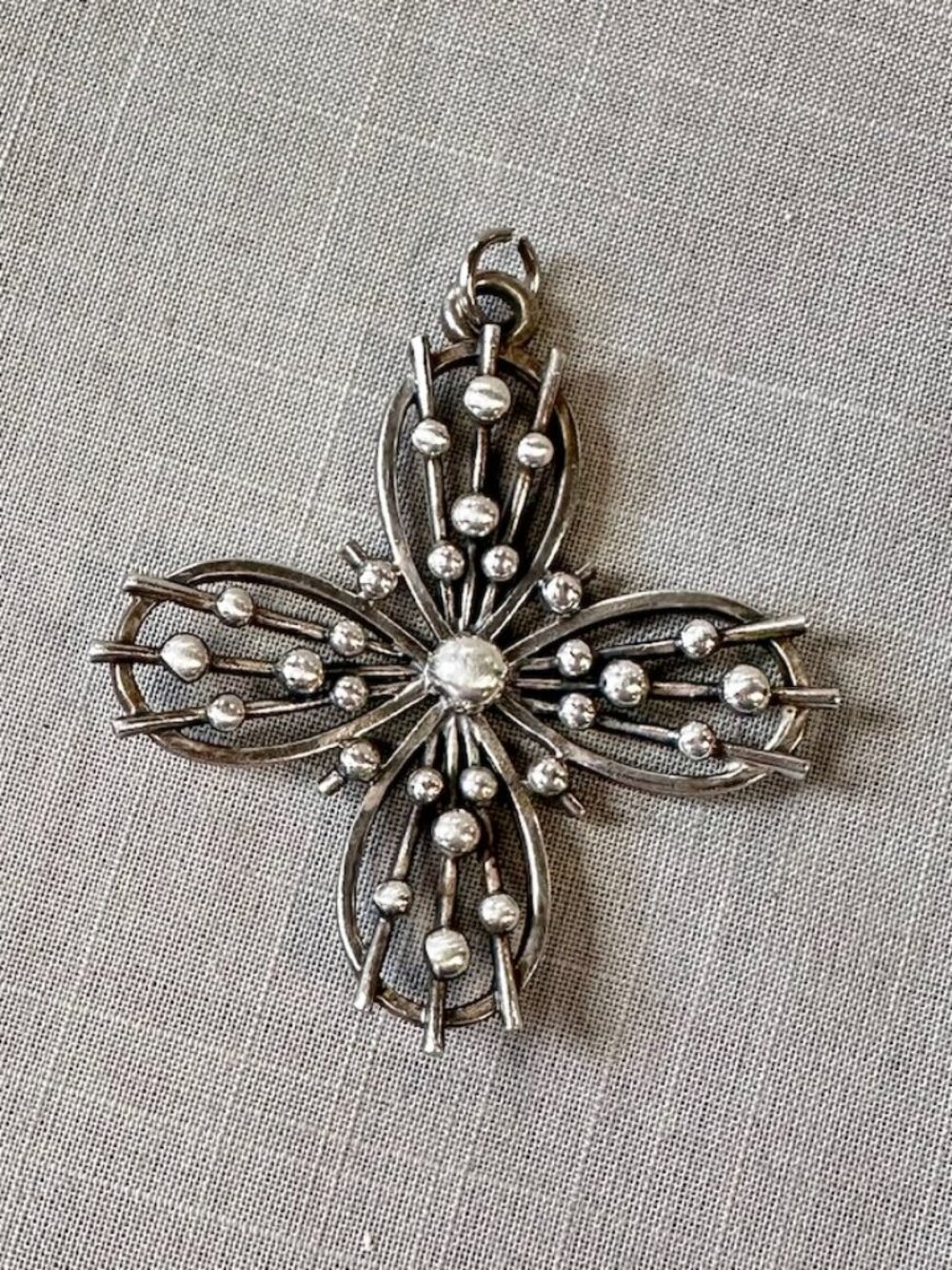 Vintage Modernist Silver Open Cross with Beaded Elements